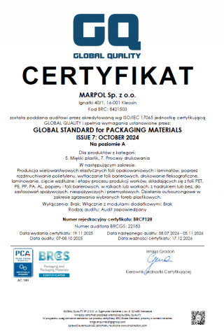 Marpol Ignatki_Certyfikat BRC Packaging 2025 Marpol Ignatki_Certyfikat BRC Packaging 2025